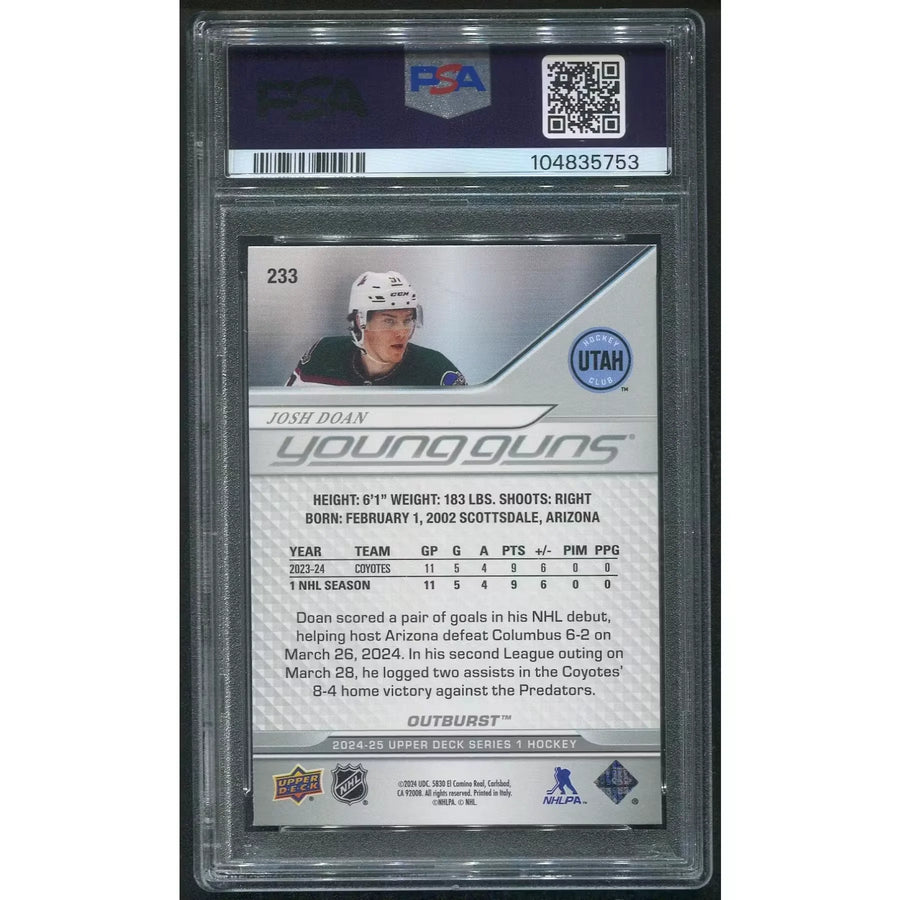 Josh Doan 2024-25 Upper Deck Young Guns Rookie #233 Card | PSA 10 Gem Mint