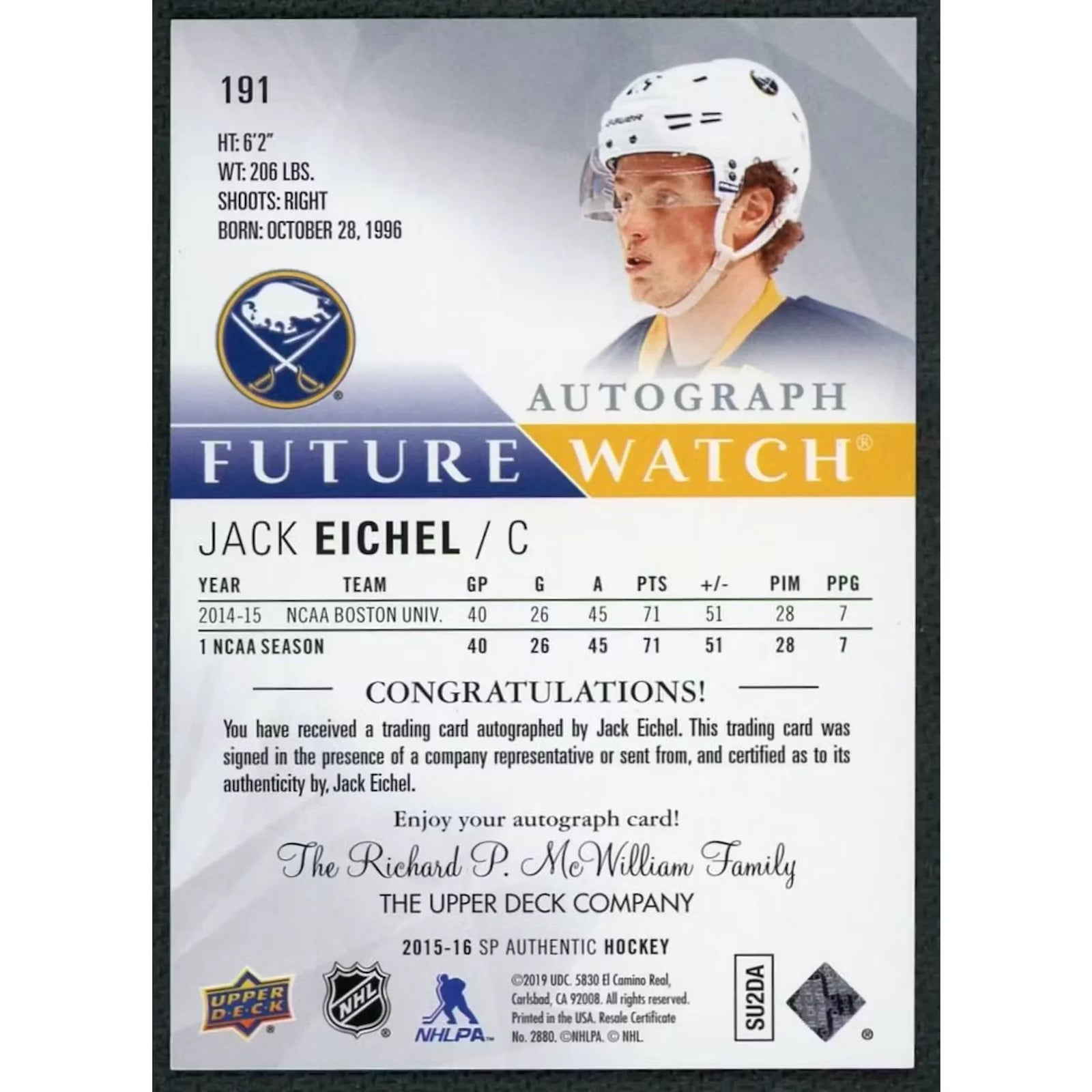 Jack Eichel Signed 2015-16 UD SP Authentic Rookie #191 Card | Future Watch Auto/999