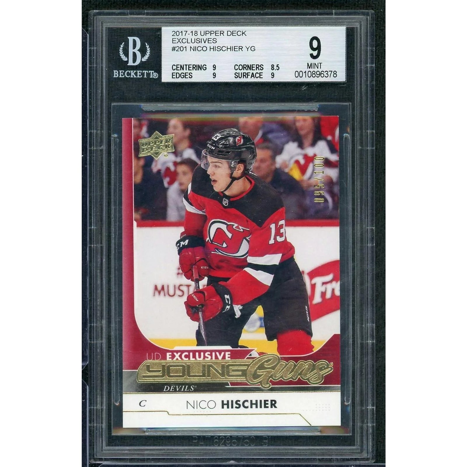 2017-18 Upper Deck Series 1 Nico Hischier Young Guns Exclusives/100 #201 BGS 9