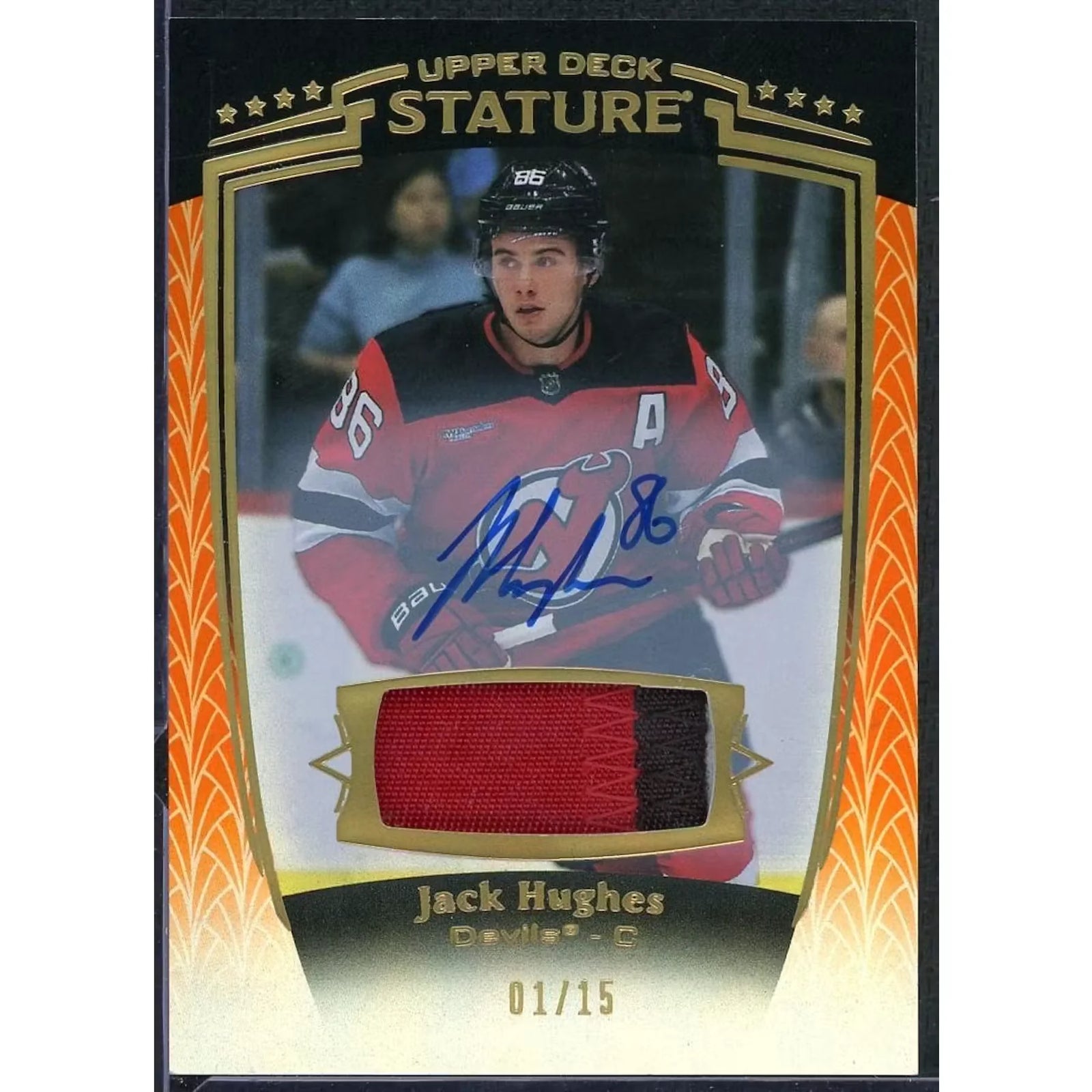 Jack Hughes Signed Premium Patch Auto Card | 2024-25 Upper Deck Stature Orange/15