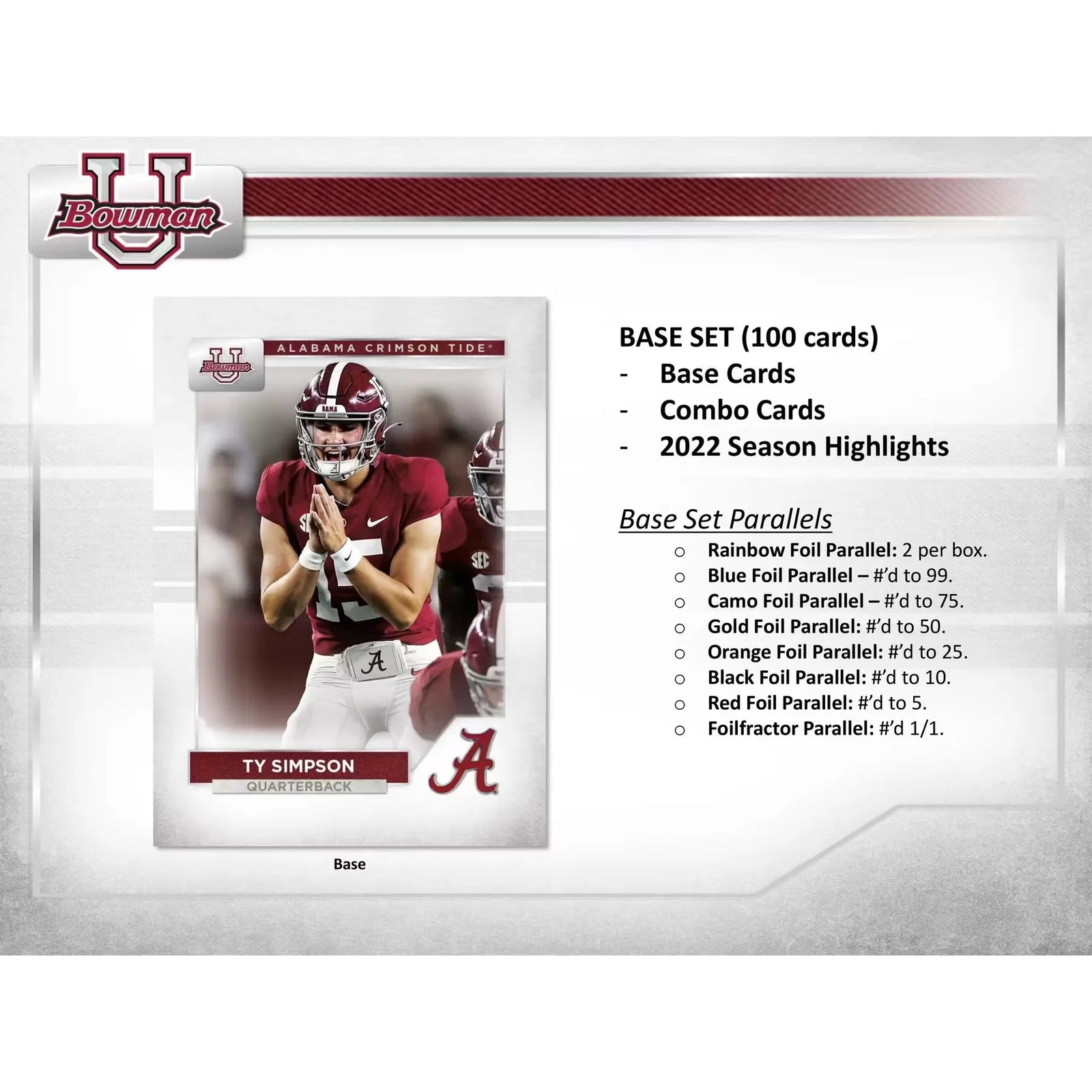 2023 Bowman University Alabama Football Hobby 20-Box Case (Ships Sealed Only)