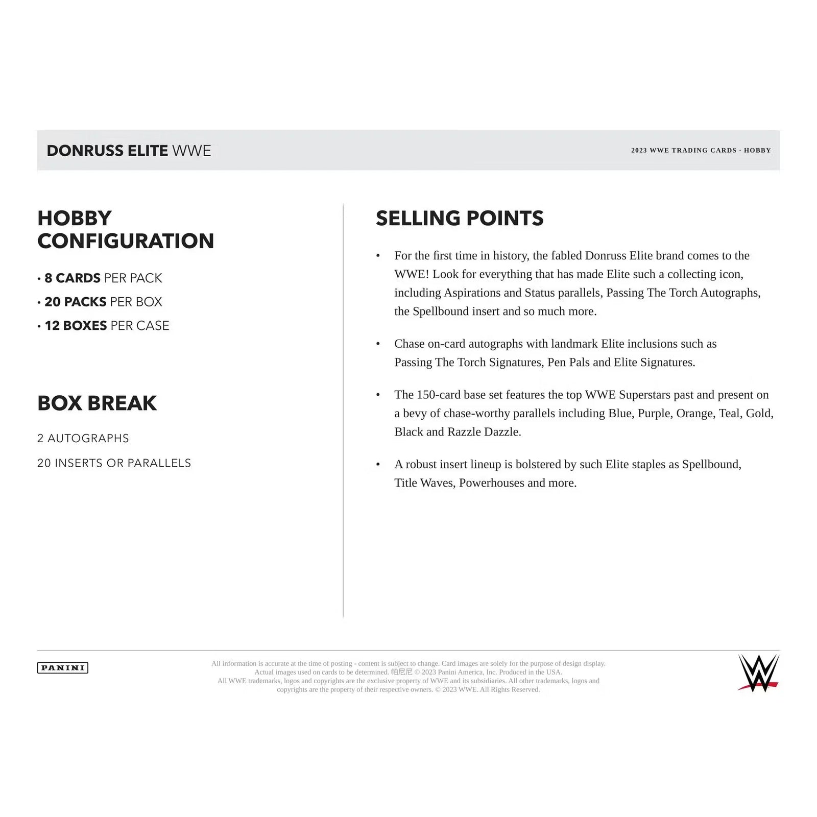 2023 Panini Donruss Elite WWE Wrestling Hobby 12-Box Case (Ships Sealed Only)