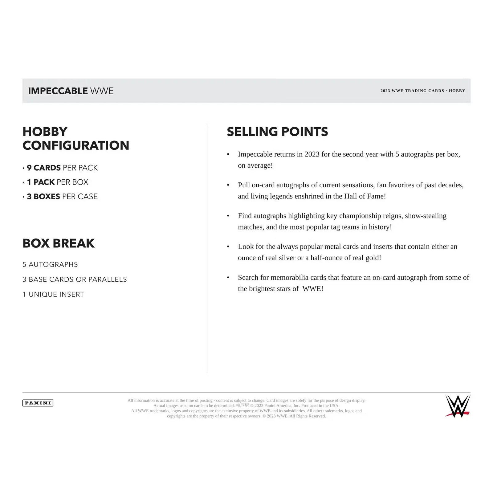 2023 Panini Impeccable WWE Wrestling Hobby 3-Box Case (Ships Sealed Only)