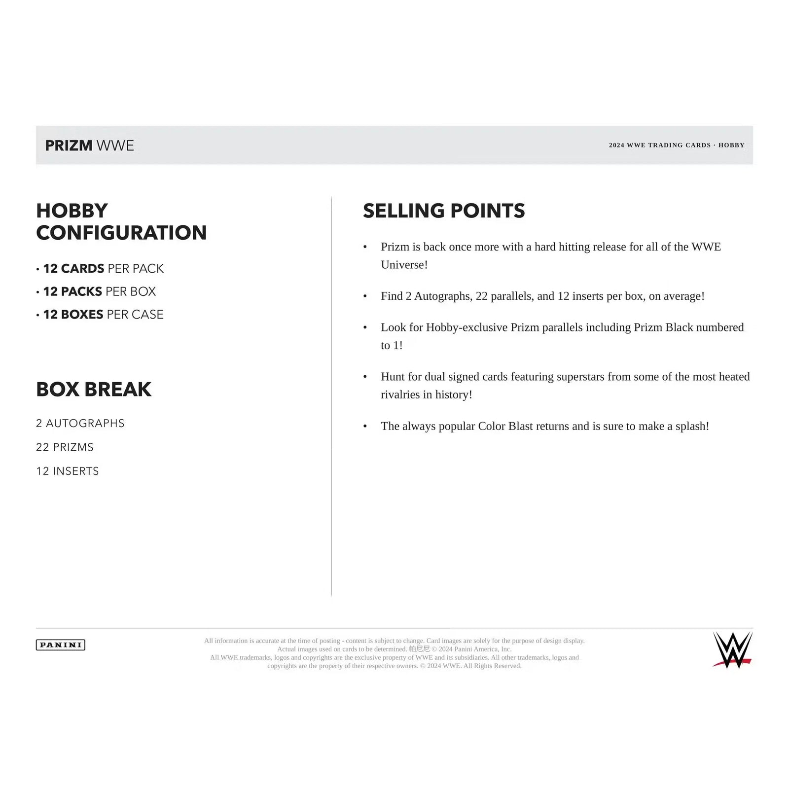 2024 Panini Prizm WWE Wrestling Hobby 12-Box Case (Ships Sealed Only) - D