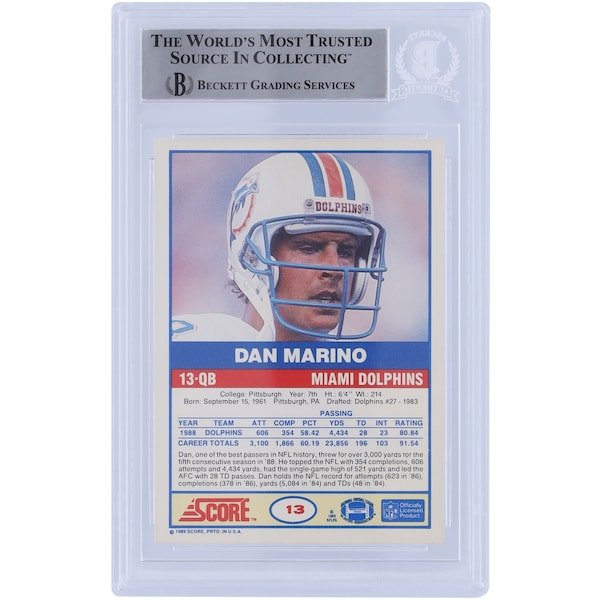 Dan Marino Miami Dolphins Autographed 1989 Score 13 Beckett Fanatics Witnessed Authenticated Card - The Ballers Bank