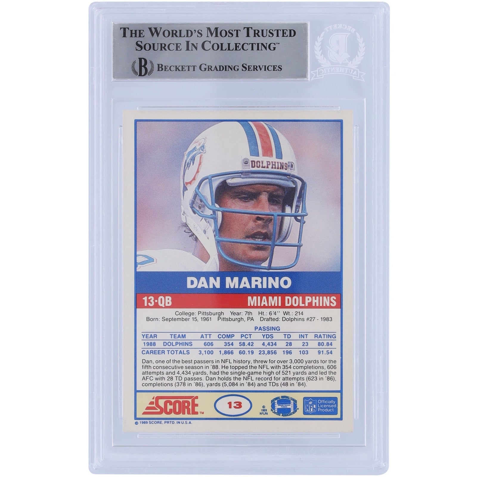 Dan Marino Miami Dolphins Autographed 1989 Score 13 Beckett Fanatics Witnessed Authenticated Card - The Ballers Bank
