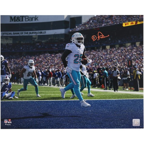 De'Von Achane Miami Dolphins Autographed Fanatics Authentic 16" x 20" White Jersey Running Photograph - The Ballers Bank