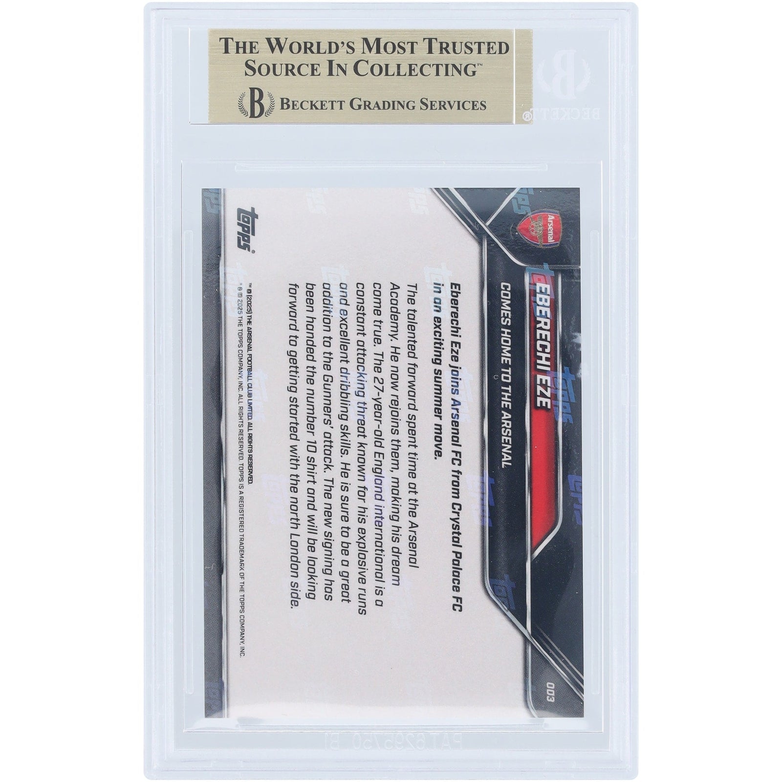 Eberechi Eze Arsenal 2025 - 26 Topps Now Comes Home to the Arsenal 3 BGS Authenticated 9.5 Card - The Ballers Bank