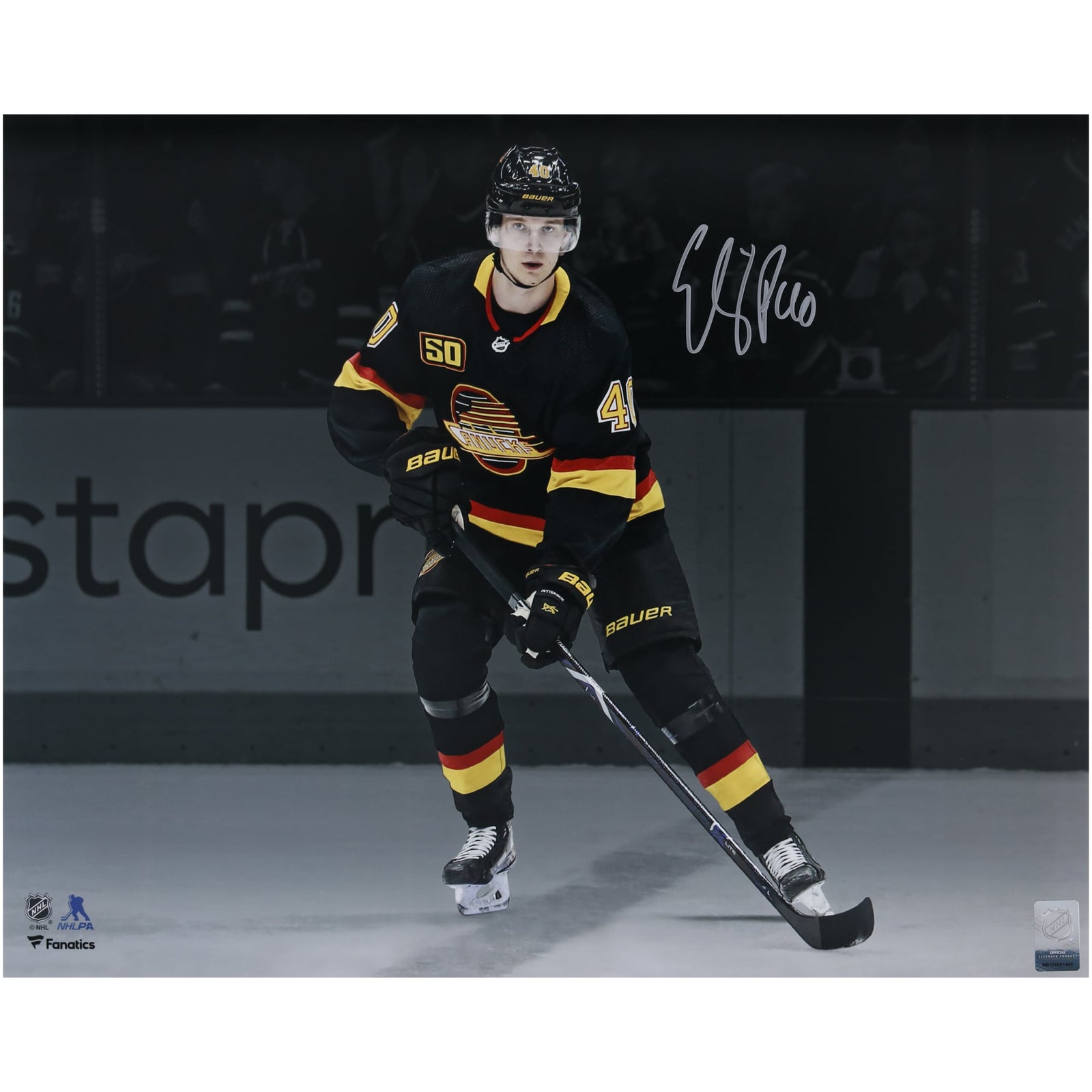 Elias Pettersson Vancouver Canucks Autographed Fanatics Authentic 16" x 20" Black Jersey Spotlight Photograph - The Ballers Bank