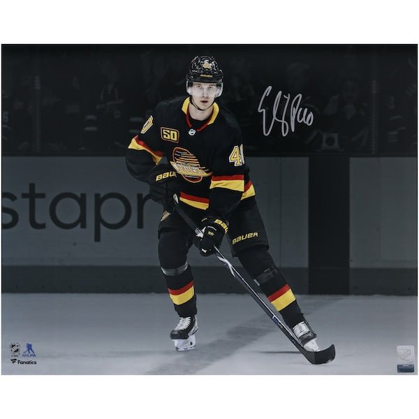 Elias Pettersson Vancouver Canucks Autographed Fanatics Authentic 16" x 20" Black Jersey Spotlight Photograph - The Ballers Bank