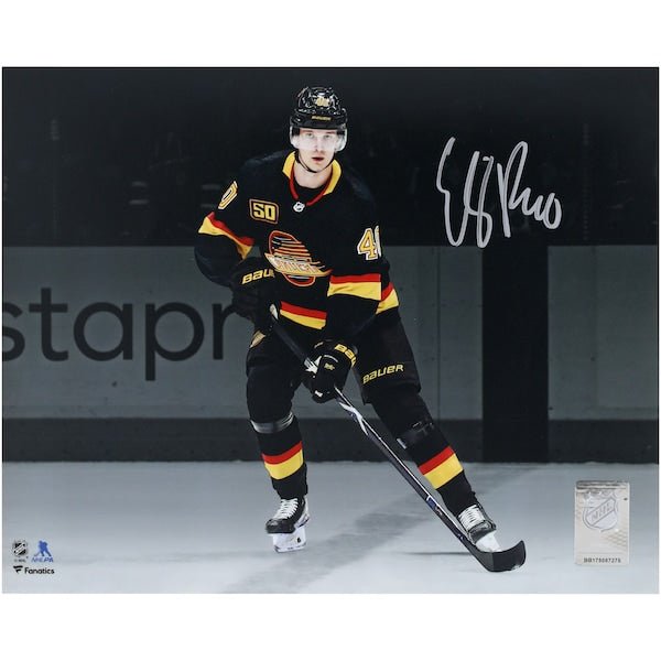 Elias Pettersson Vancouver Canucks Autographed Fanatics Authentic 8" x 10" Black Jersey Spotlight Photograph - The Ballers Bank