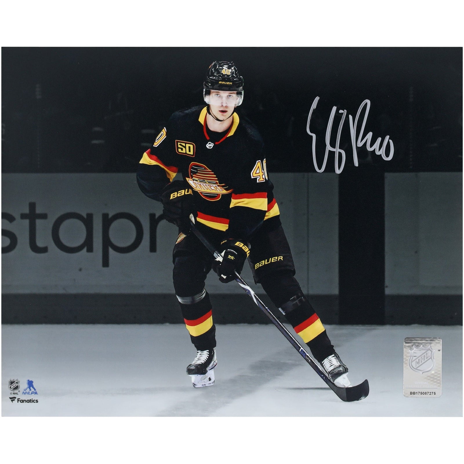 Elias Pettersson Vancouver Canucks Autographed Fanatics Authentic 8" x 10" Black Jersey Spotlight Photograph - The Ballers Bank