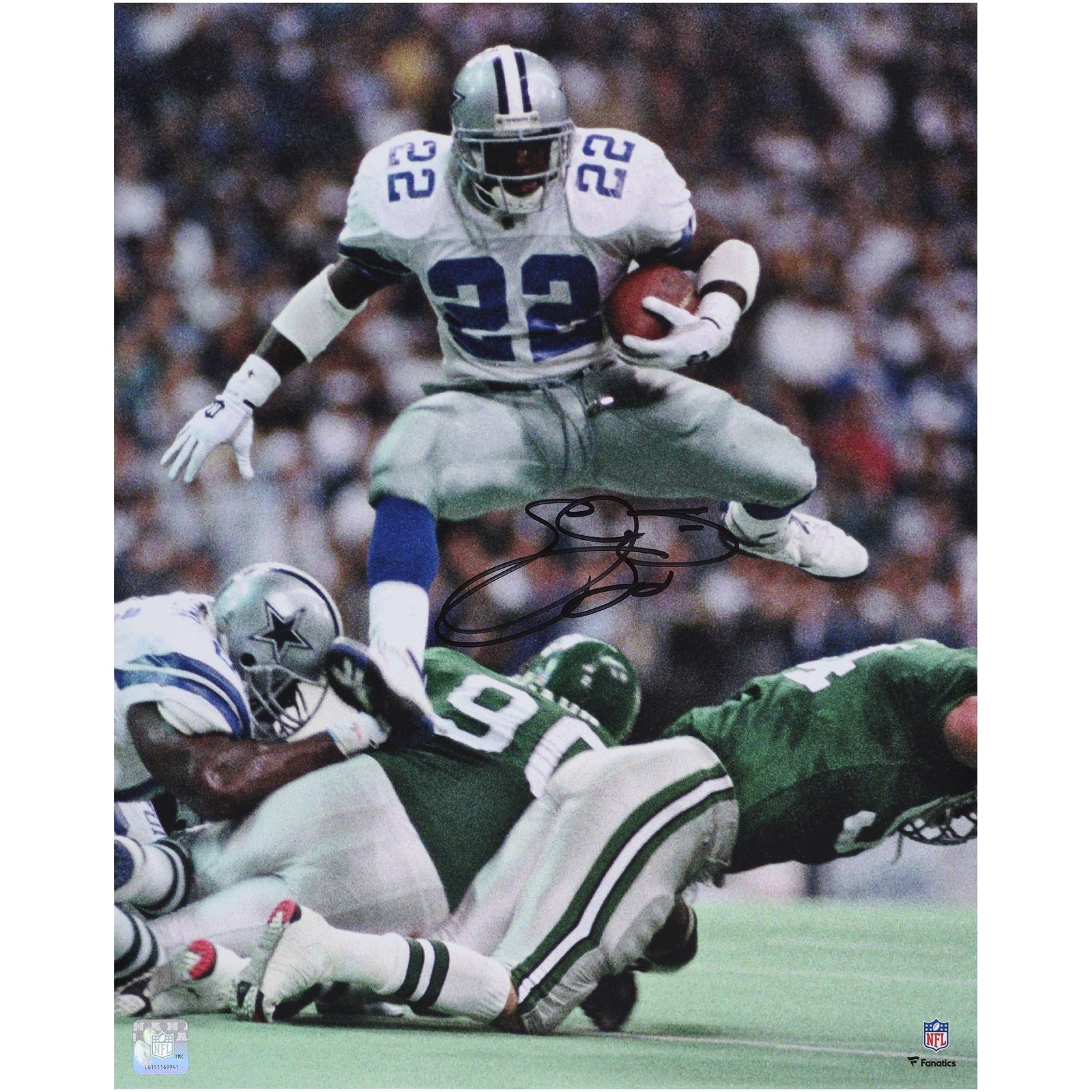 Emmitt Smith Dallas Cowboys Autographed Fanatics Authentic 16" x 20" Hurdle vs. Philadelphia Eagles Photograph - The Ballers Bank