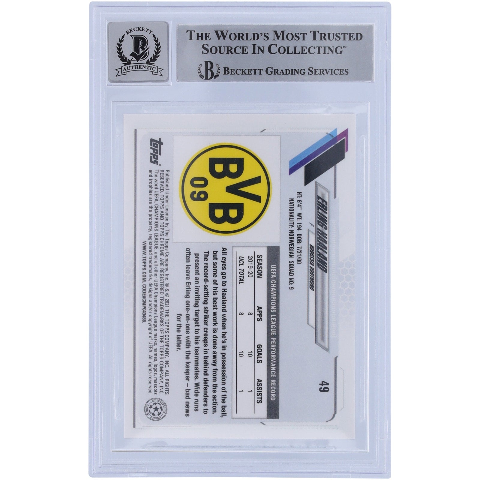 Erling Haaland Borussia Dortmund Autographed 2020 - 21 Topps Chrome UCL 49 BAS Authenticated 10 Card - The Ballers Bank