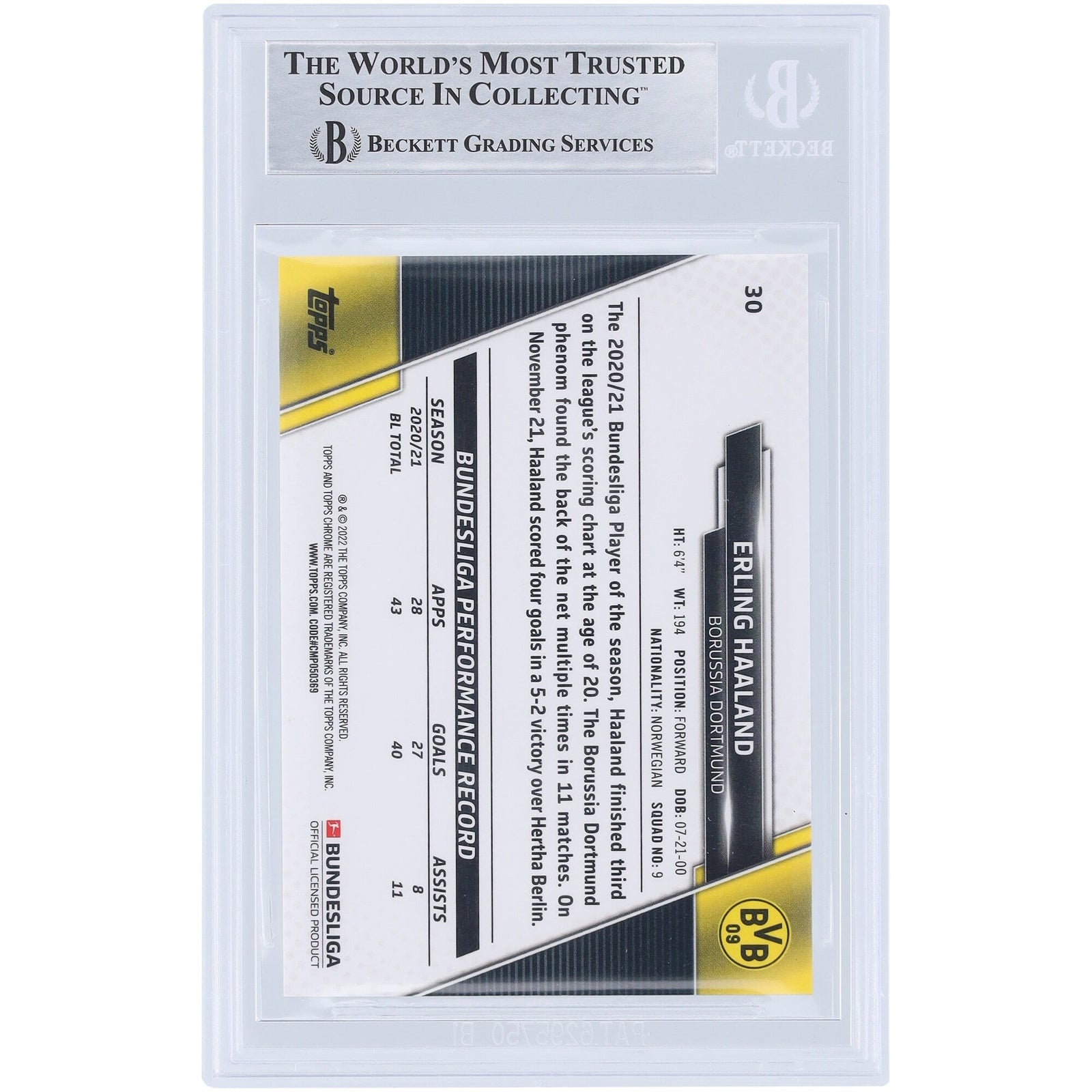 Erling Haaland Borussia Dortmund Autographed 2021 - 22 Topps Chrome 30 BAS Authenticated Card - The Ballers Bank