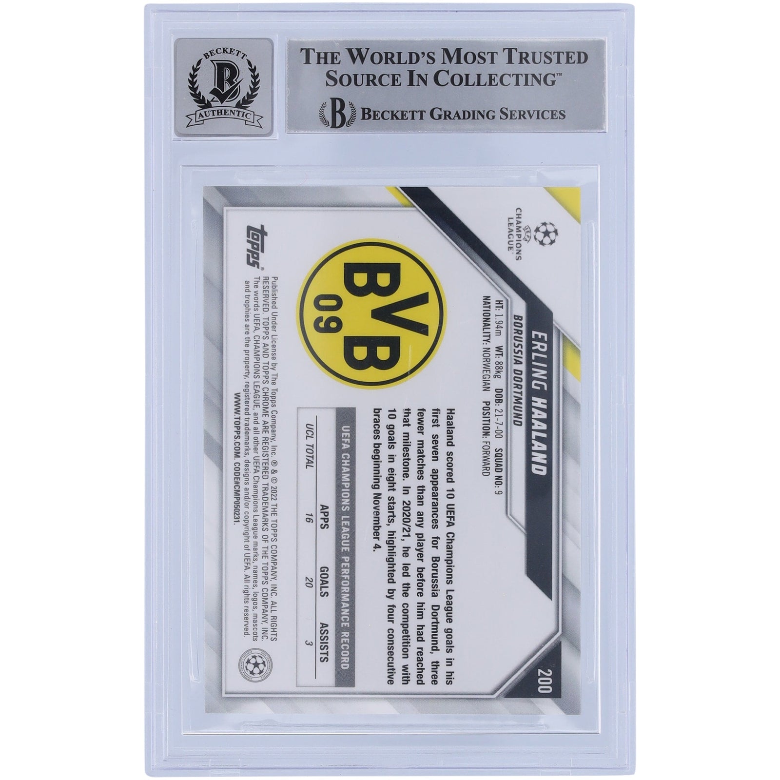 Erling Haaland Borussia Dortmund Autographed 2021 - 22 Topps Chrome UCL 200 BAS Authenticated 10 Card - The Ballers Bank