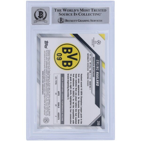 Erling Haaland Borussia Dortmund Autographed 2021 - 22 Topps Chrome UCL 200 BAS Authenticated 10 Card - The Ballers Bank