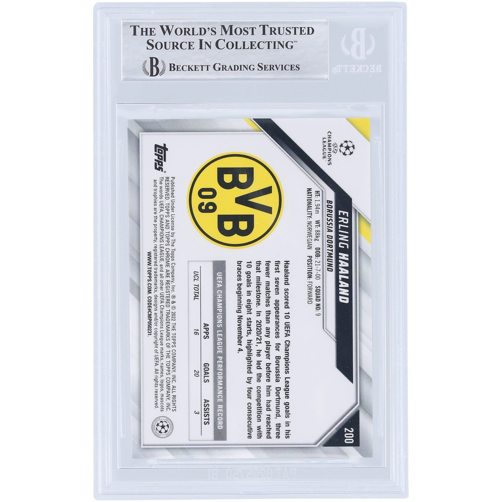 Erling Haaland Borussia Dortmund Autographed 2021 - 22 Topps Chrome UCL 200 BAS Authenticated Card - The Ballers Bank