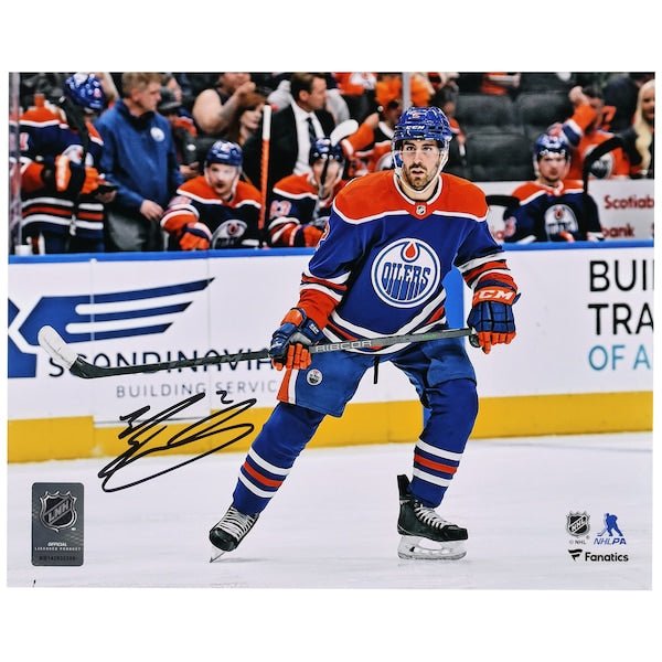 Evan Bouchard Edmonton Oilers Fanatics Authentic Autographed 8" x 10" Blue Jersey Skating Photograph - The Ballers Bank