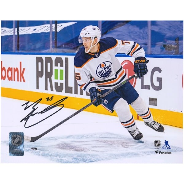 Evan Bouchard Edmonton Oilers Fanatics Authentic Autographed 8'' x 10'' White Jersey with Puck Photograph - The Ballers Bank