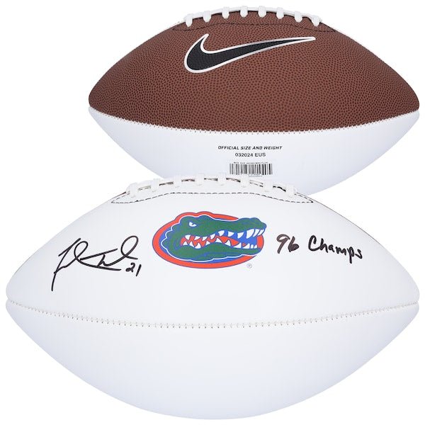 Fred Taylor Florida Gators Autographed Fanatics Authentic Nike White Panel Football with "96 Champs" Inscription - The Ballers Bank