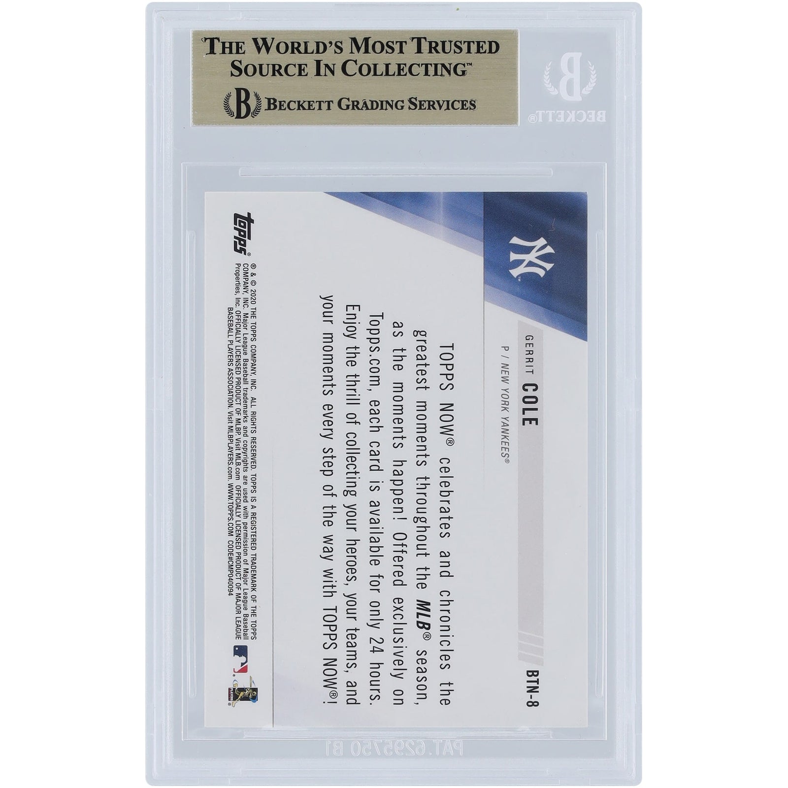 Gerrit Cole New York Yankees 2020 Topps Now Best of Topps Now BTN - 8 BGS Authenticated 9.5 Card - The Ballers Bank
