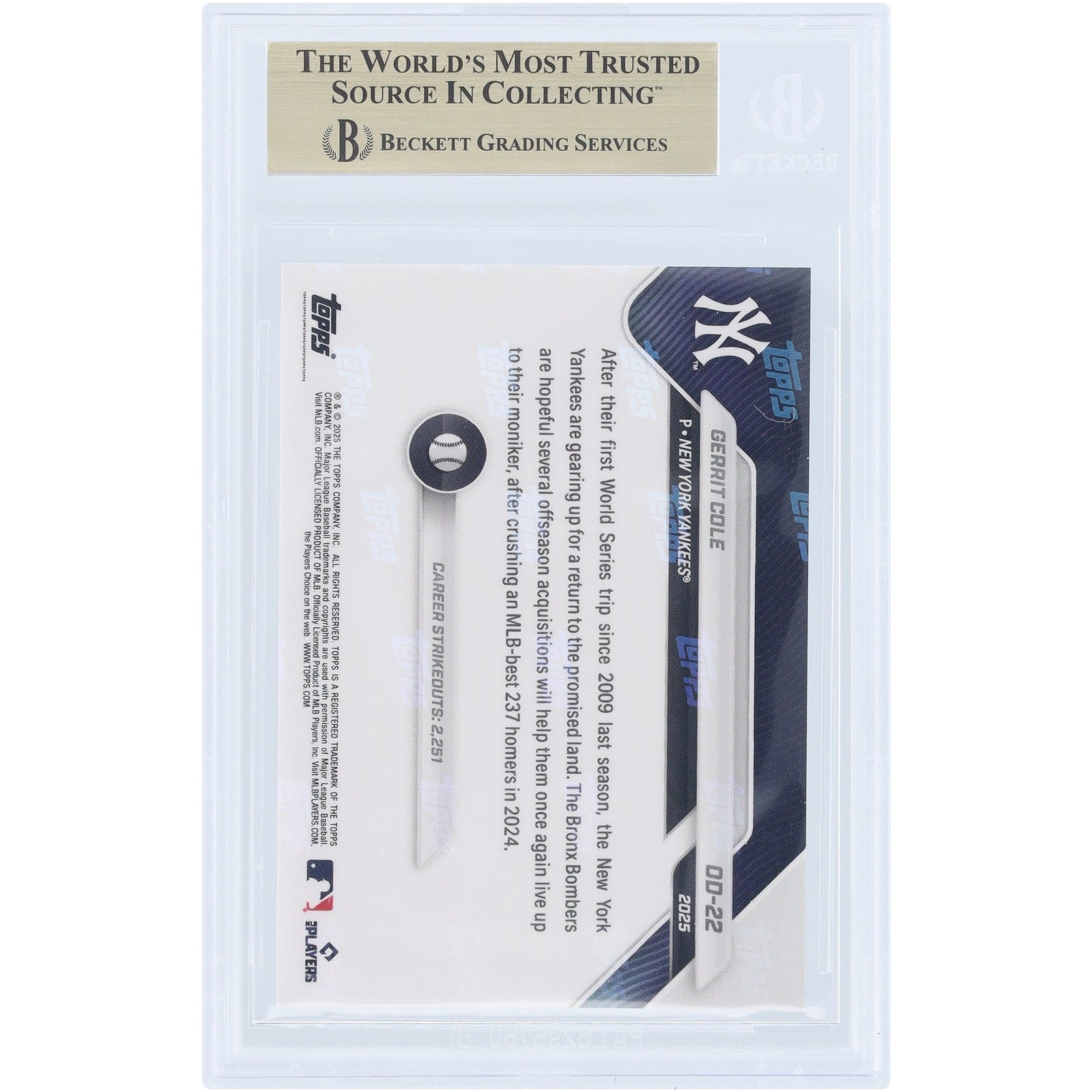 Gerrit Cole New York Yankees 2025 Topps Now Road to Opening Day OD - 22 BGS Authenticated 9.5 Card - The Ballers Bank