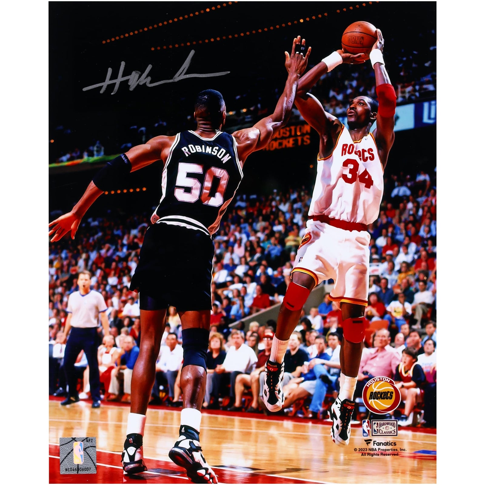 Hakeem Olajuwon Houston Rockets Autographed Fanatics Authentic 8" x 10" Jump Shot Over David Robinson Photograph - The Ballers Bank