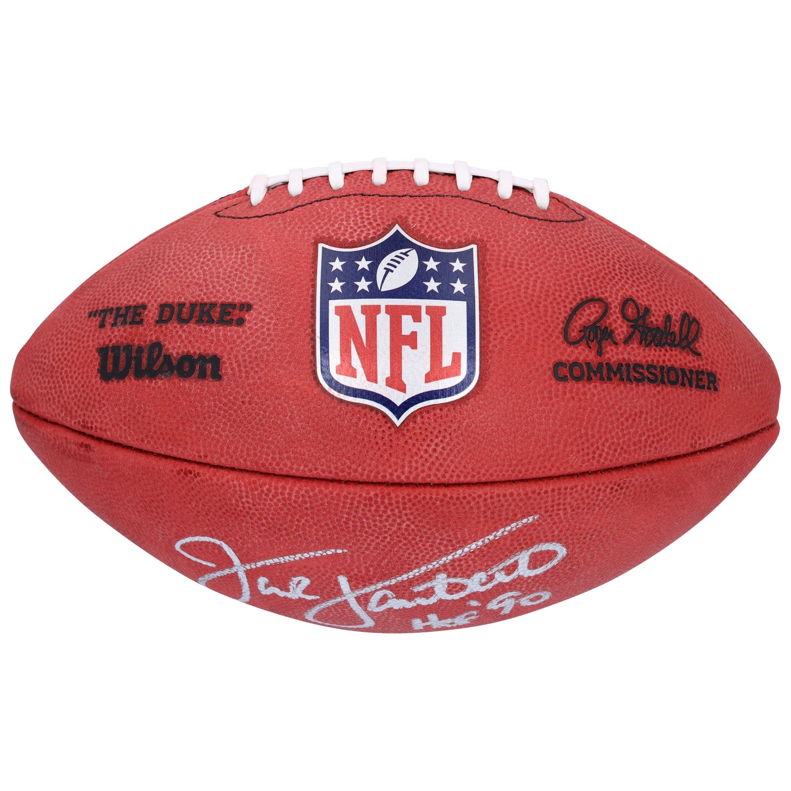 Jack Lambert Pittsburgh Steelers Autographed Fanatics Authentic Wilson Duke Full Color Football with "HOF 90" Inscription - The Ballers Bank
