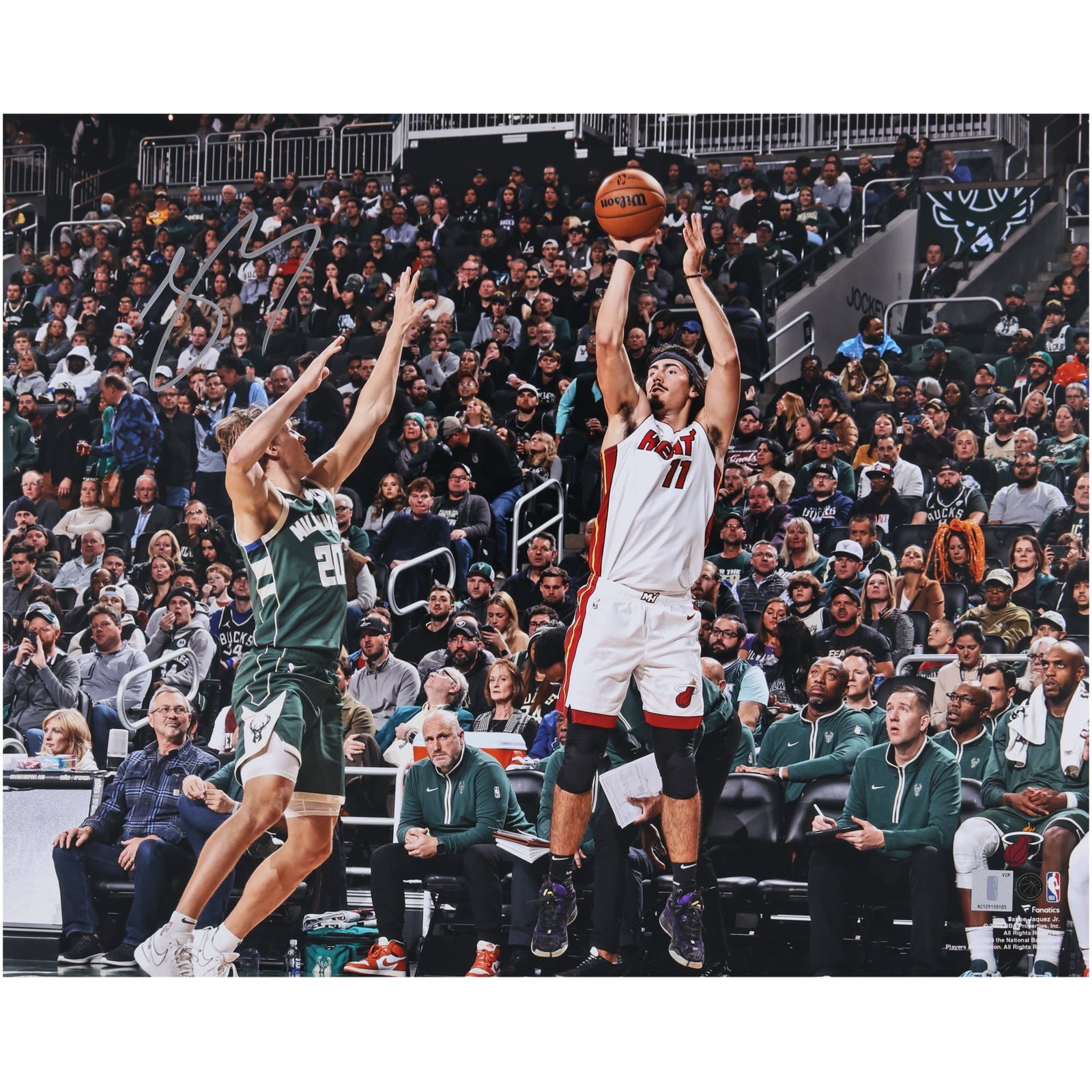 Jaime Jaquez Jr. Miami Heat Autographed Fanatics Authentic 16" x 20" Shooting in White Photograph - The Ballers Bank