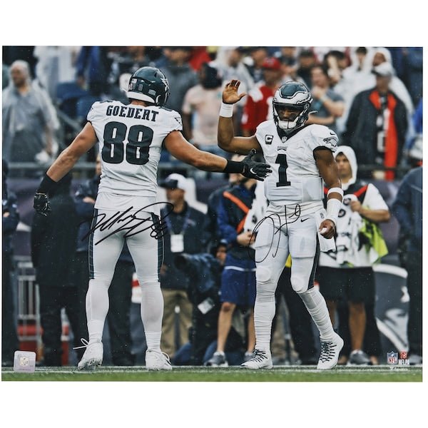 Jalen Hurts & Dallas Goedert Philadelphia Eagles Autographed Fanatics Authentic 16" x 20" Celebration Photograph - The Ballers Bank