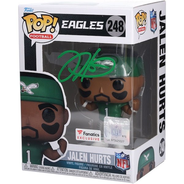 Jalen Hurts Philadelphia Eagles Autographed Fanatics Authentic Throwback Kelly Green Funko Pop! Vinyl Figurine - The Ballers Bank