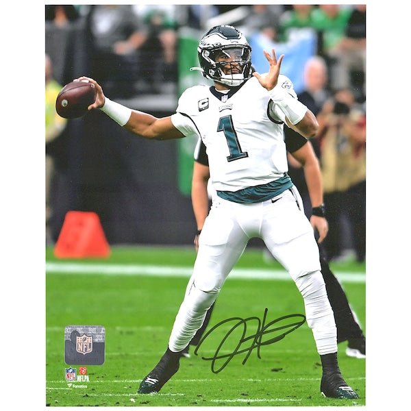 Jalen Hurts Philadelphia Eagles Fanatics Authentic Autographed 8" x 10" White Jersey Throwing Photograph - The Ballers Bank