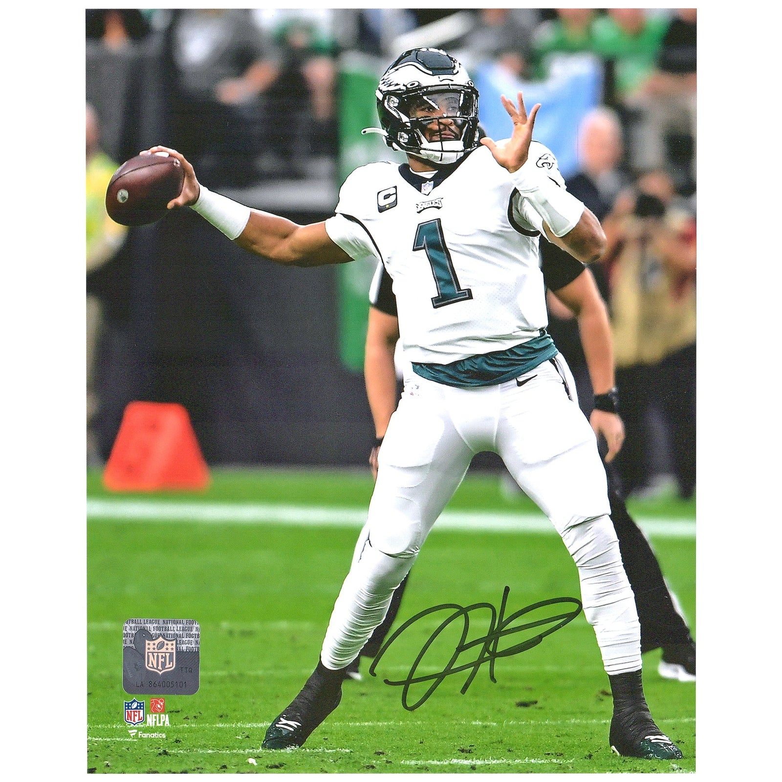 Jalen Hurts Philadelphia Eagles Fanatics Authentic Autographed 8" x 10" White Jersey Throwing Photograph - The Ballers Bank