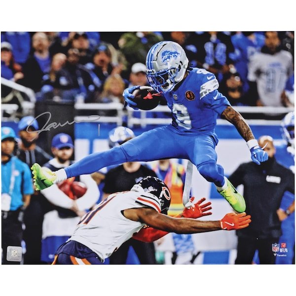 Jameson Williams Detroit Lions Autographed Fanatics Authentic 16" x 20" Hurdle Over Bears Defender Photograph - The Ballers Bank
