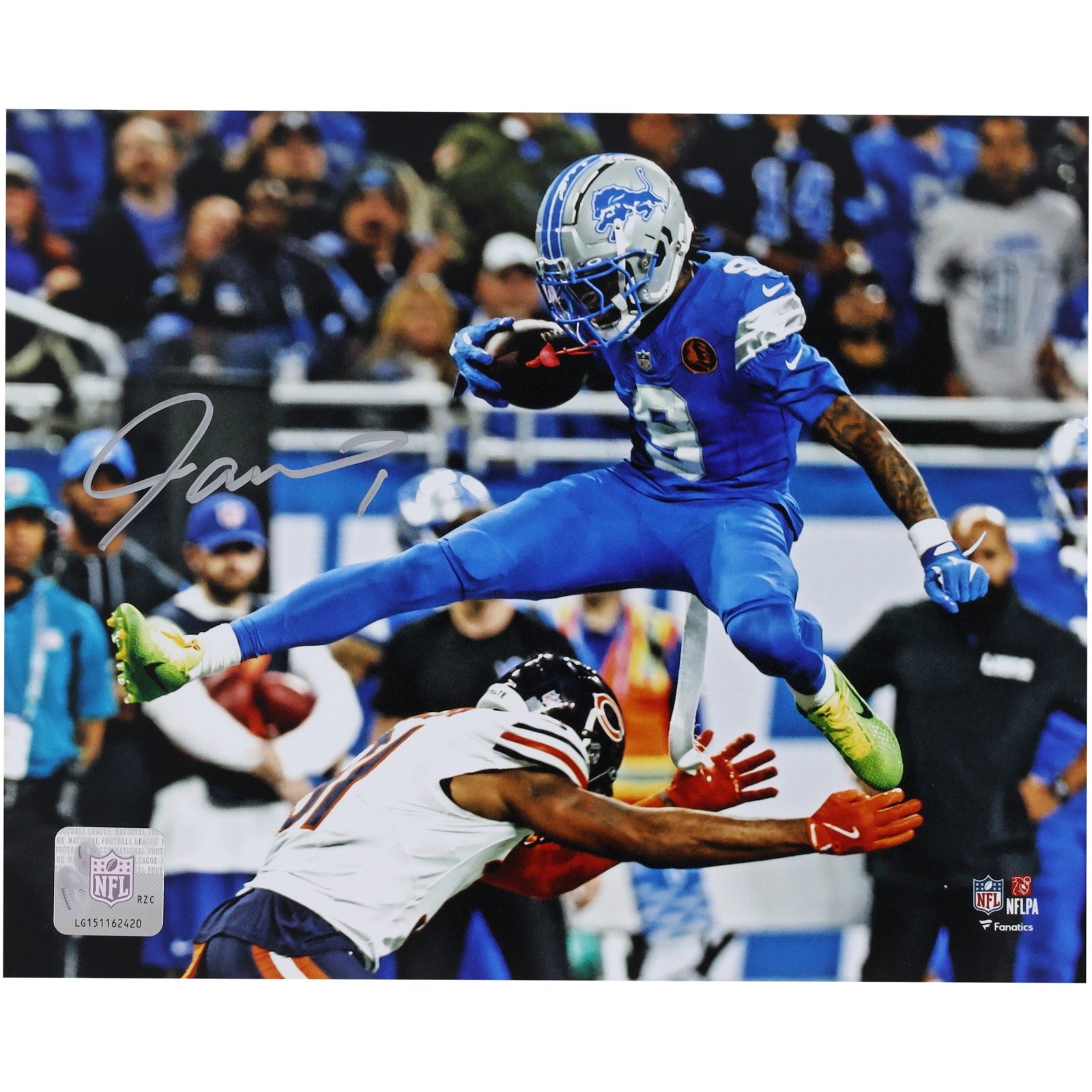 Jameson Williams Detroit Lions Autographed Fanatics Authentic 8" x 10" Hurdle Over Bears Defender Photograph - The Ballers Bank