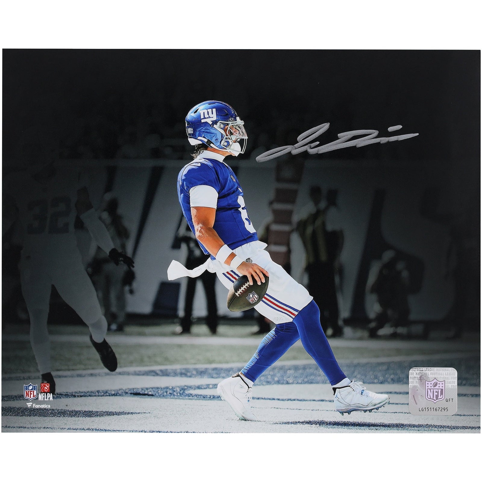 Jaxson Dart New York Giants Autographed Fanatics Authentic 8" x 10" Touchdown Spotlight Photograph - The Ballers Bank