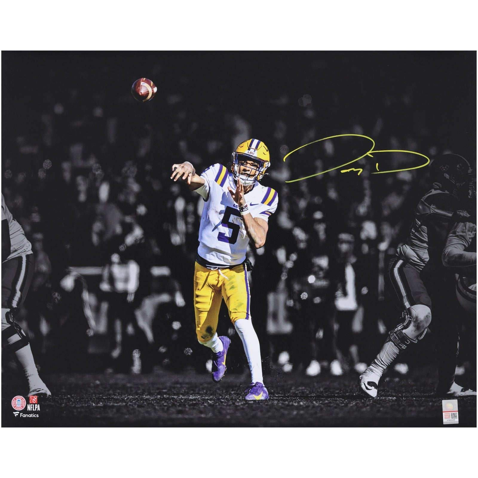 Jayden Daniels LSU Tigers Autographed Fanatics Authentic 16" x 20" Throwing Spotlight Photograph - The Ballers Bank