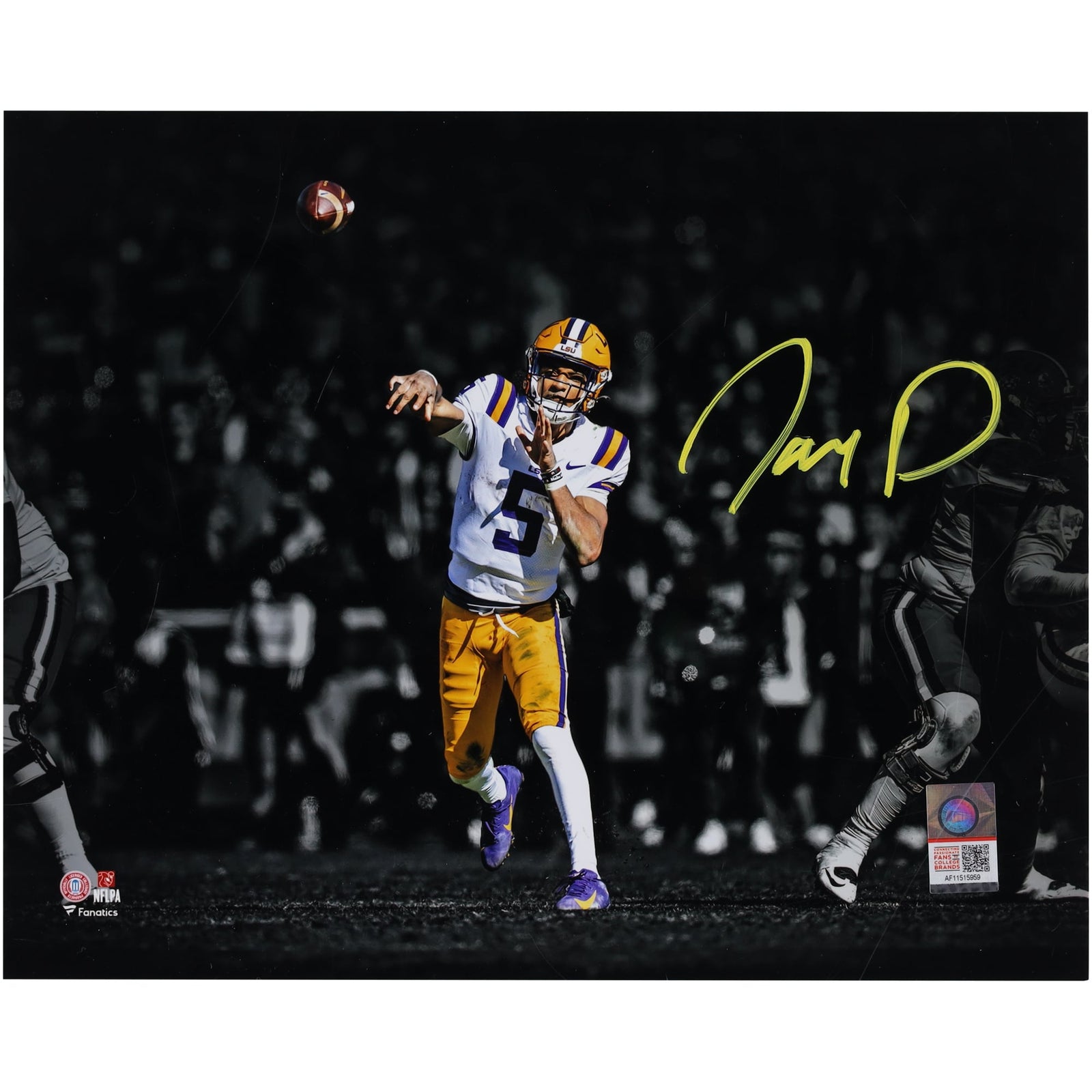 Jayden Daniels LSU Tigers Autographed Fanatics Authentic 8" x 10" Throwing Spotlight Photograph - The Ballers Bank