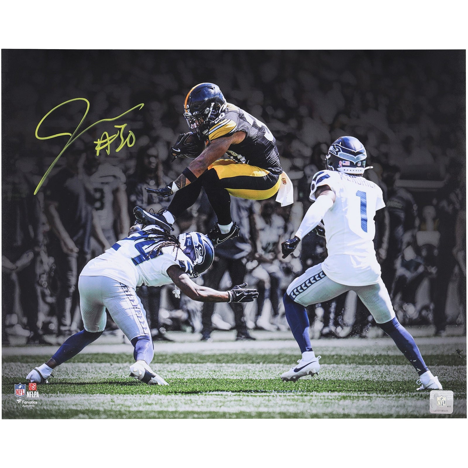 Jaylen Warren Pittsburgh Steelers Autographed Fanatics Authentic 16" x 20" Leaping over Defender Spotlight Photograph - The Ballers Bank
