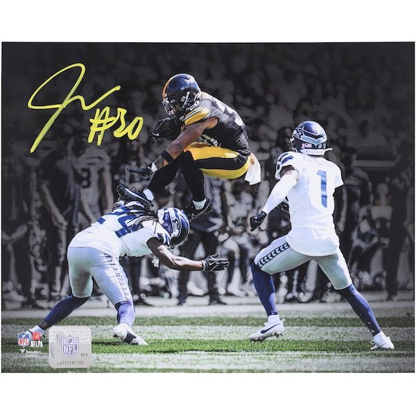 Jaylen Warren Pittsburgh Steelers Autographed Fanatics Authentic 8" x 10" Leaping over Defender Spotlight Photograph - The Ballers Bank