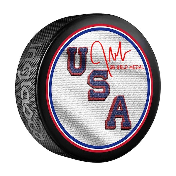 Jeremy Swayman Team USA Autographed Fanatics Authentic 2026 Winter Olympics Hockey Puck with "26 Gold Medal" Inscription - The Ballers Bank