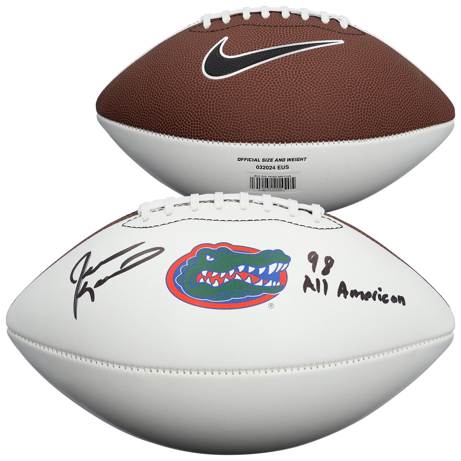 Jevon Kearse Florida Gators Autographed Fanatics Authentic Nike White Panel Football with "98 All American" Inscription - The Ballers Bank