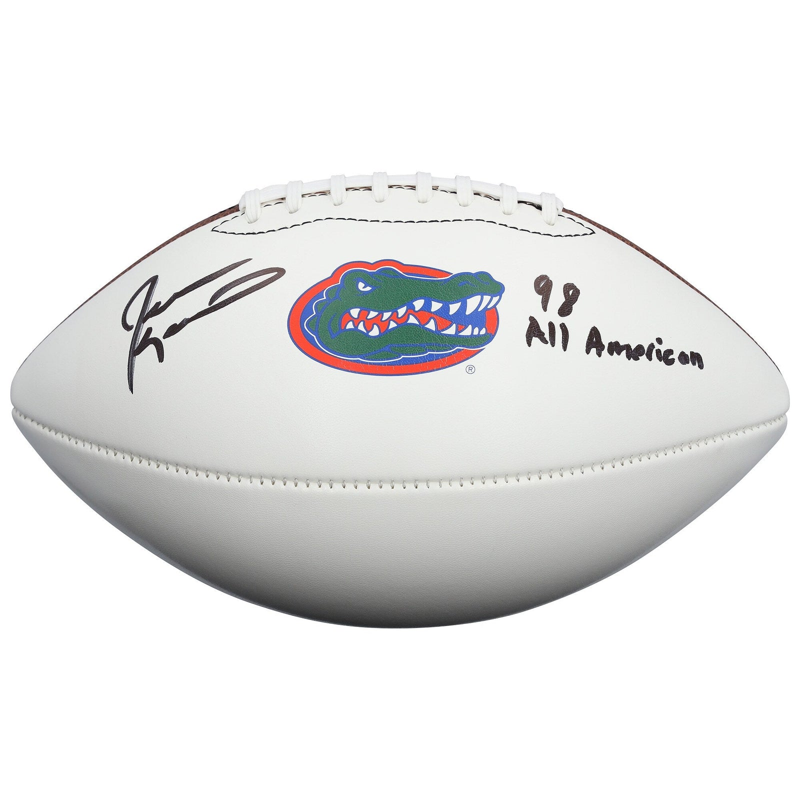 Jevon Kearse Florida Gators Autographed Fanatics Authentic Nike White Panel Football with "98 All American" Inscription - The Ballers Bank