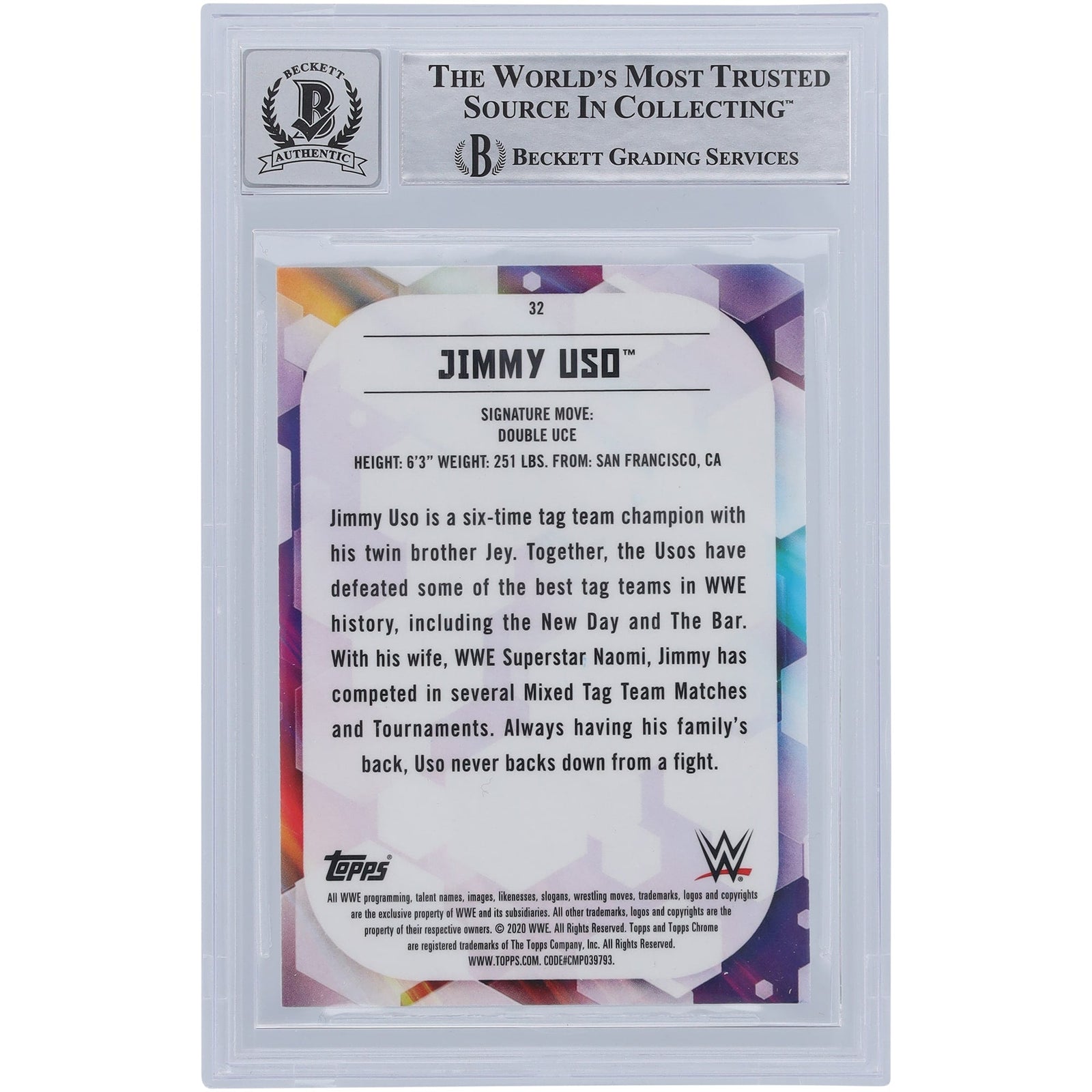 Jimmy Uso WWE Autographed 2020 Topps Chrome 32 Beckett Fanatics Witnessed Authenticated 10 Card - The Ballers Bank