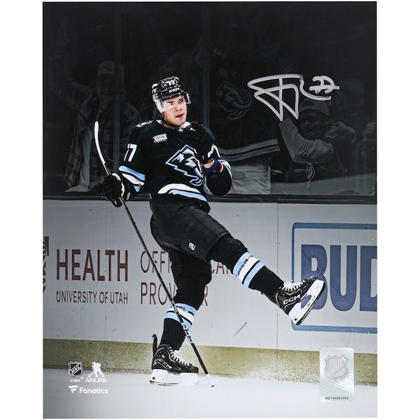 JJ Peterka Utah Mammoth Autographed Fanatics Authentic 8" x 10" Black Jersey Celebration Spotlight Photograph - The Ballers Bank