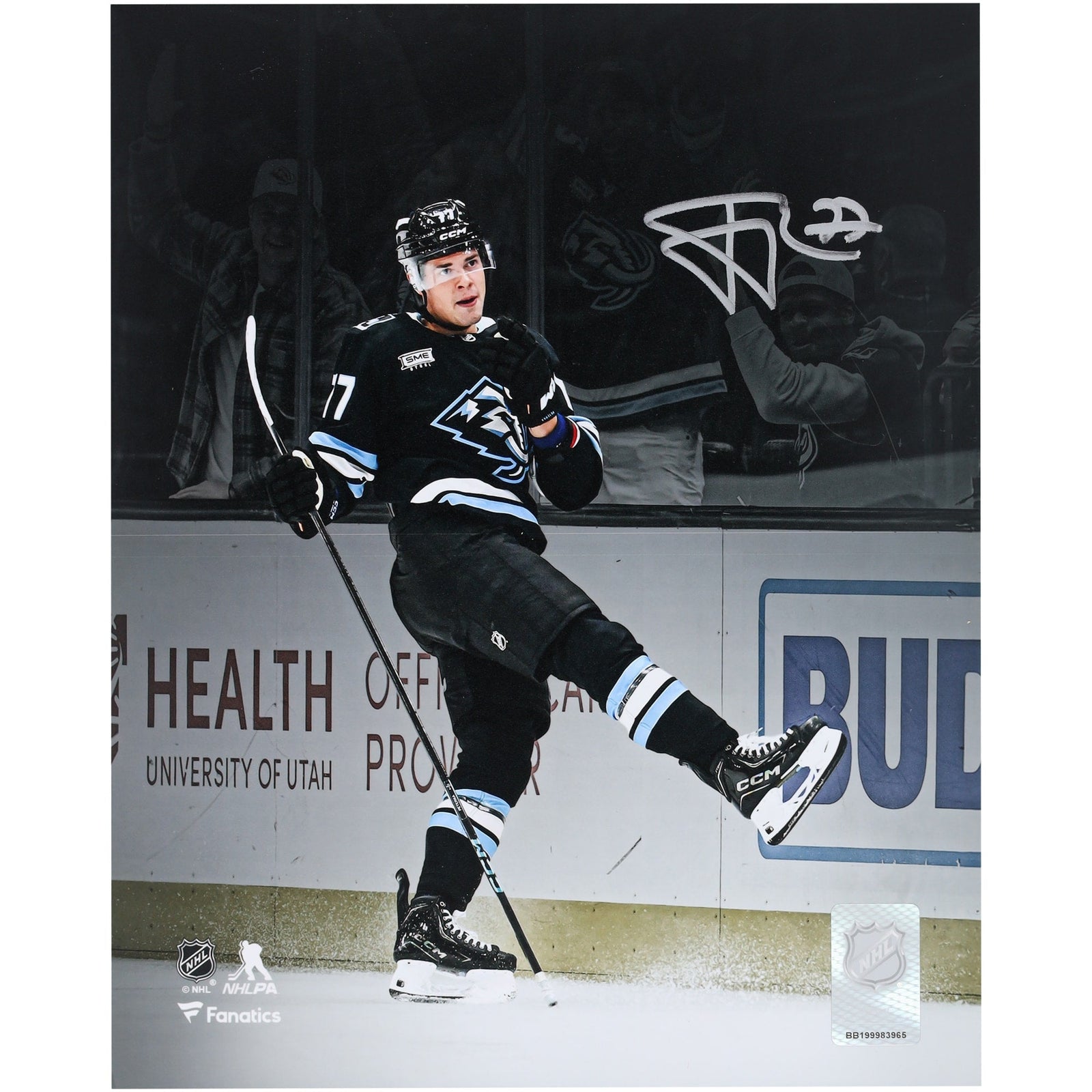 JJ Peterka Utah Mammoth Autographed Fanatics Authentic 8" x 10" Black Jersey Celebration Spotlight Photograph - The Ballers Bank