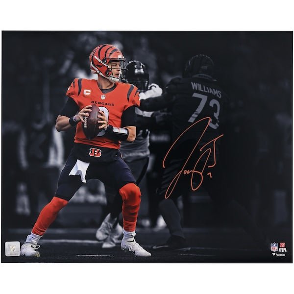 Joe Burrow Cincinnati Bengals Autographed Fanatics Authentic 16" x 20" Orange Passing Spotlight Photograph - The Ballers Bank