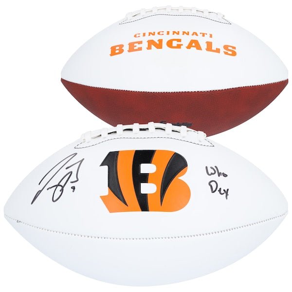Joe Burrow Cincinnati Bengals Autographed Fanatics Authentic Franklin White Panel Football with "Who Dey" Inscription - The Ballers Bank