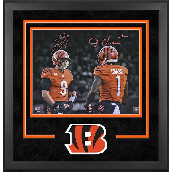 Joe Burrow & Ja'Marr Chase Cincinnati Bengals Autographed Fanatics Authentic Deluxe Framed 16" x 20" Spotlight Photograph - The Ballers Bank